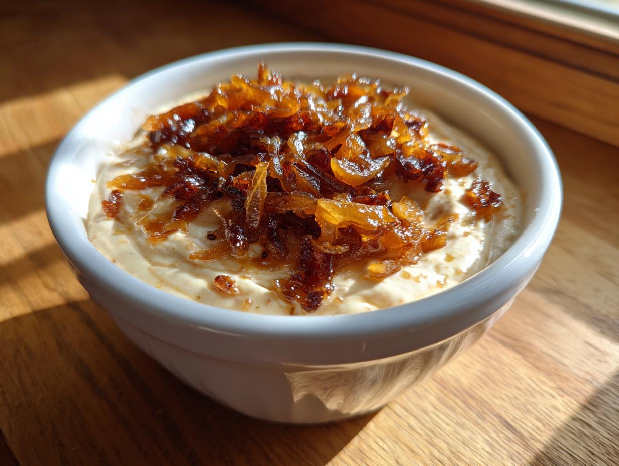 Close-up of creamy caramelized onion dip topped generously with dark, sweet caramelized onions.
