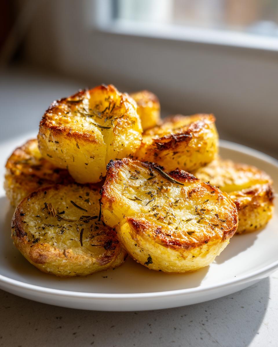 A close-up of golden, crispy oven roasted potatoes seasoned with herbs on a white plate.