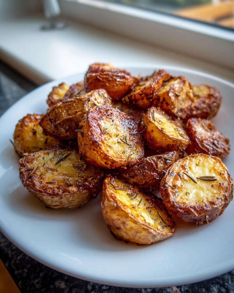 A plate piled high with golden brown, crispy oven roasted potatoes seasoned with visible sprigs of rosemary.