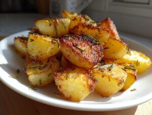 Close-up of golden brown, crispy oven roasted potatoes seasoned with fresh rosemary on a white plate.