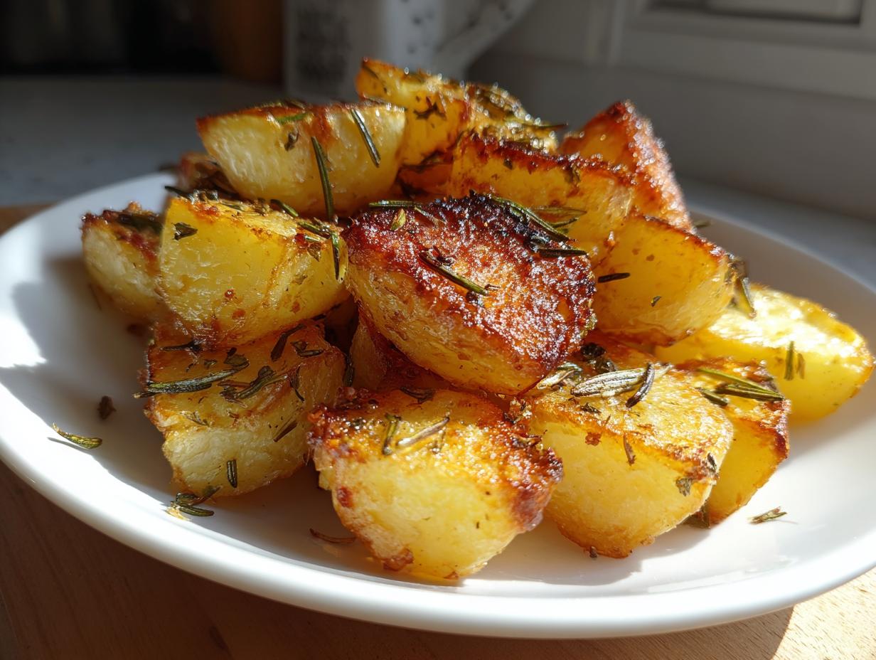 Close-up of golden brown, crispy oven roasted potatoes seasoned with fresh rosemary on a white plate.