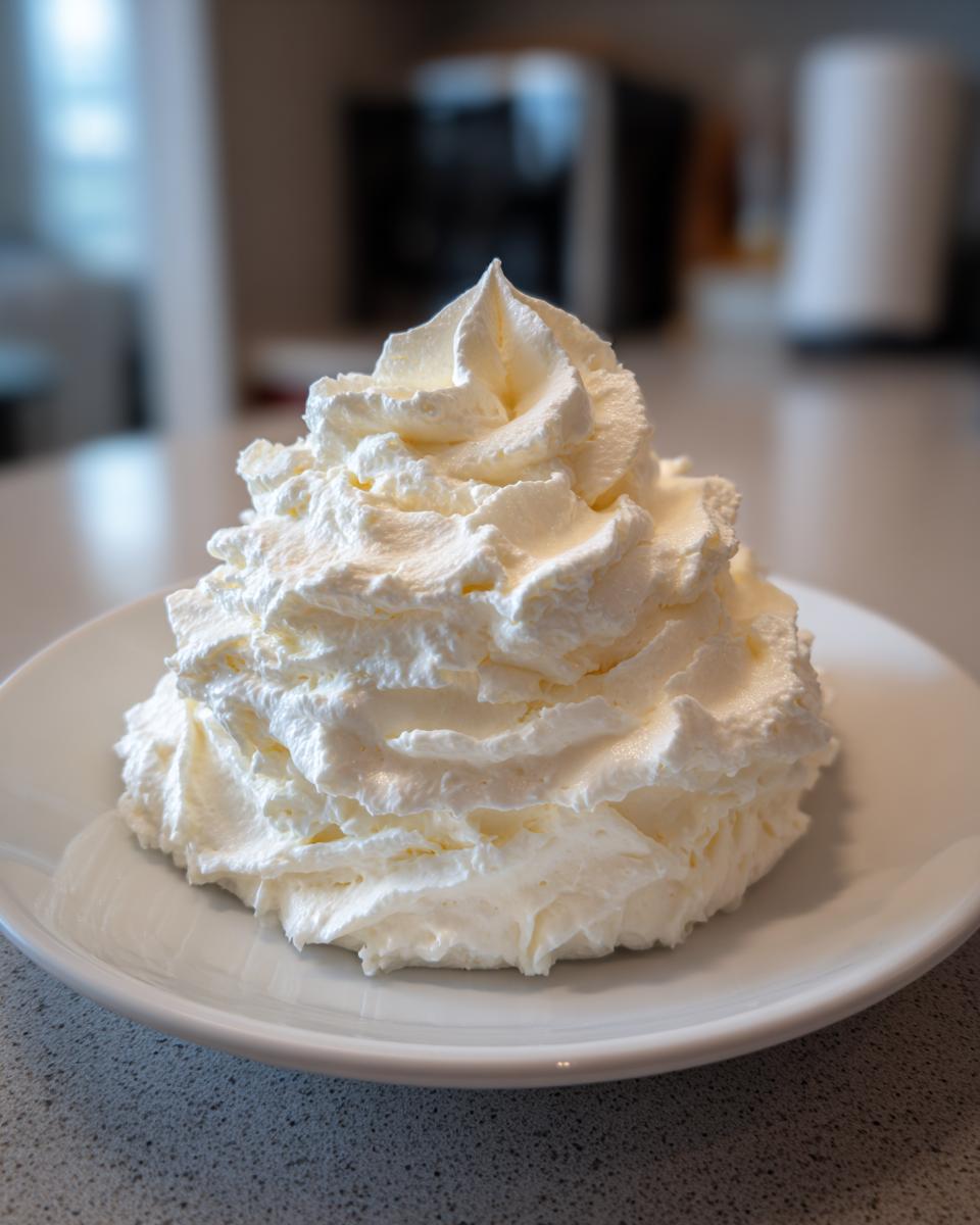 A perfect swirl of fluffy white vanilla buttercream frosting piped high on a small white plate.
