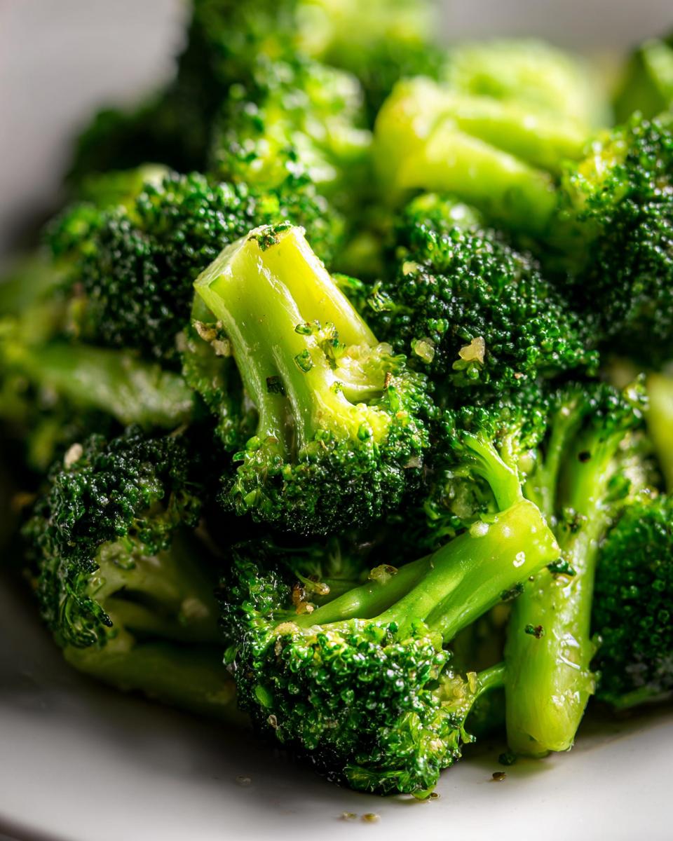 Close-up of vibrant green steamed broccoli florets seasoned lightly, ready to eat.