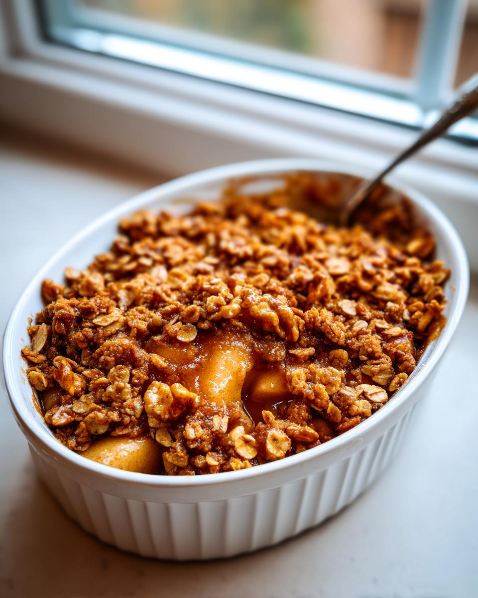 Close-up of a warm pear crisp with a crunchy oat topping served in a white oval baking dish.