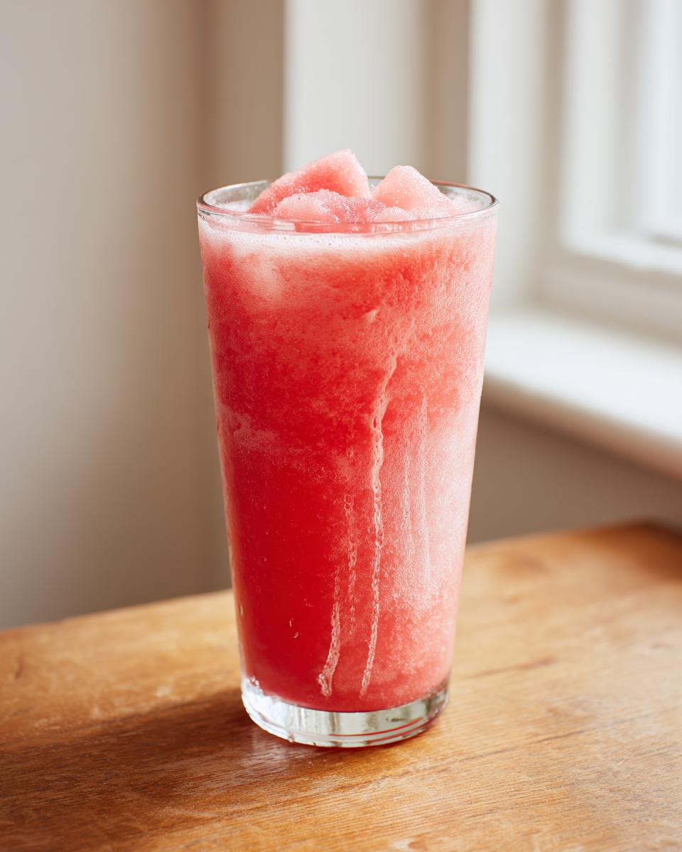 A tall glass filled with a bright pink, icy watermelon smoothie, topped with frozen watermelon chunks.