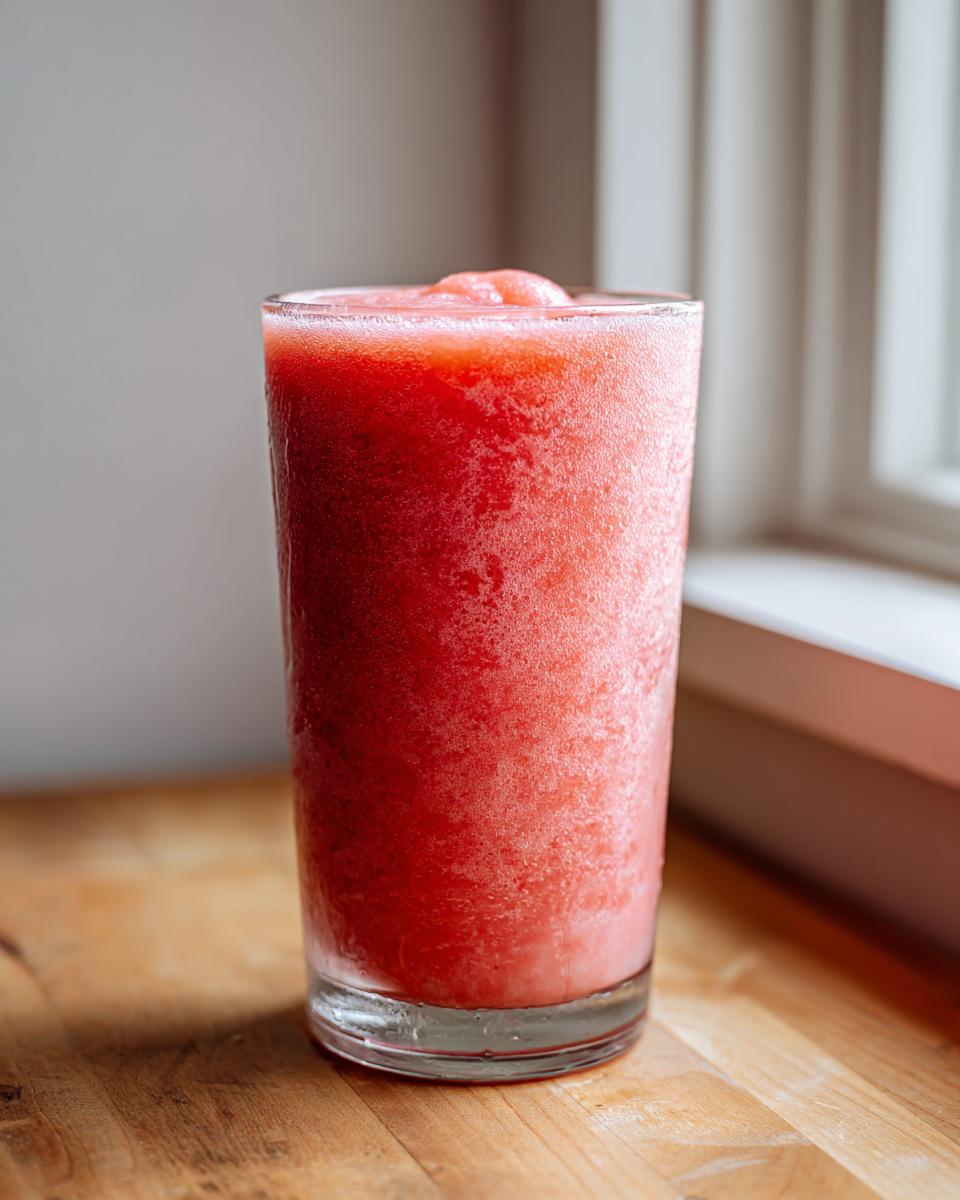A tall glass filled with a bright red, icy watermelon smoothie sitting on a wooden surface.