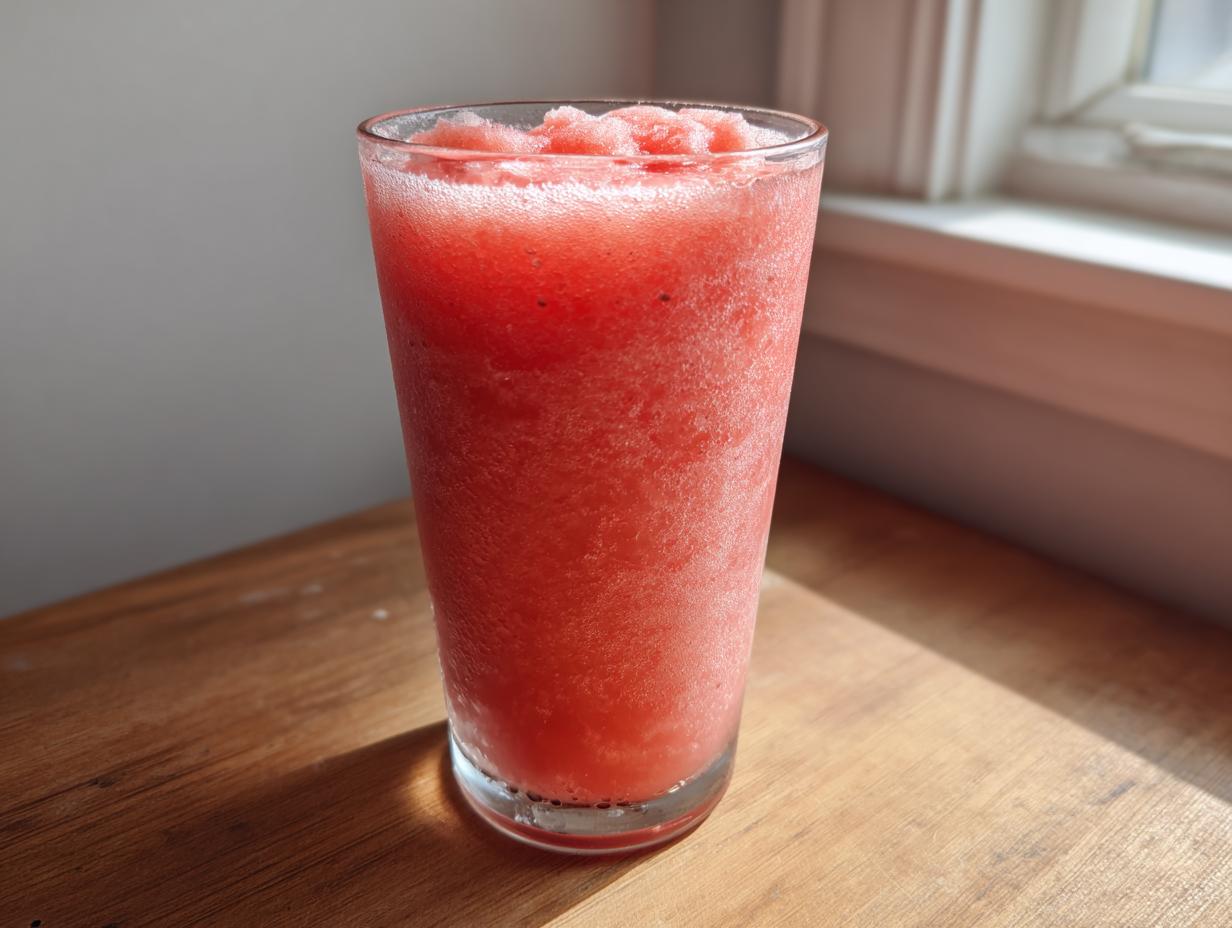 A tall glass filled with a bright red, icy watermelon smoothie sitting on a wooden surface near a window.