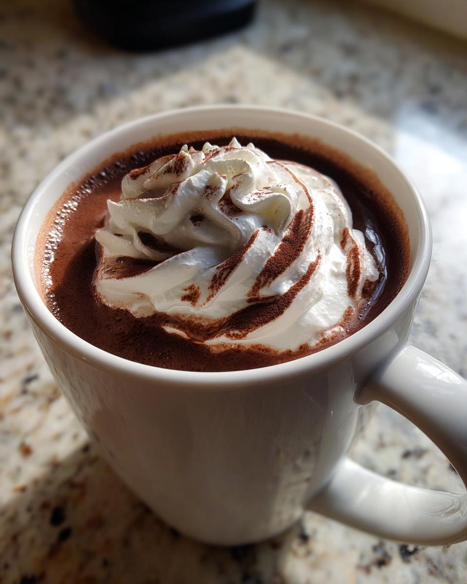 A close-up of a mug filled with rich, dark whipped hot chocolate topped with a swirl of whipped cream and cocoa powder.