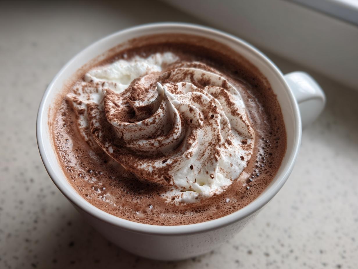 A close-up of a mug filled with rich, frothy whipped hot chocolate topped with a swirl of cream and dusted with cocoa powder.