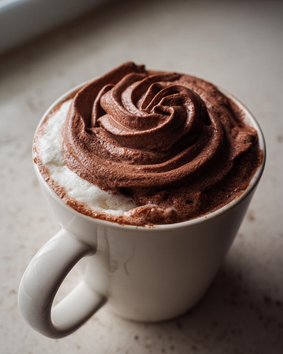 A white mug filled with hot chocolate topped with a perfect swirl of chocolate whipped hot chocolate.