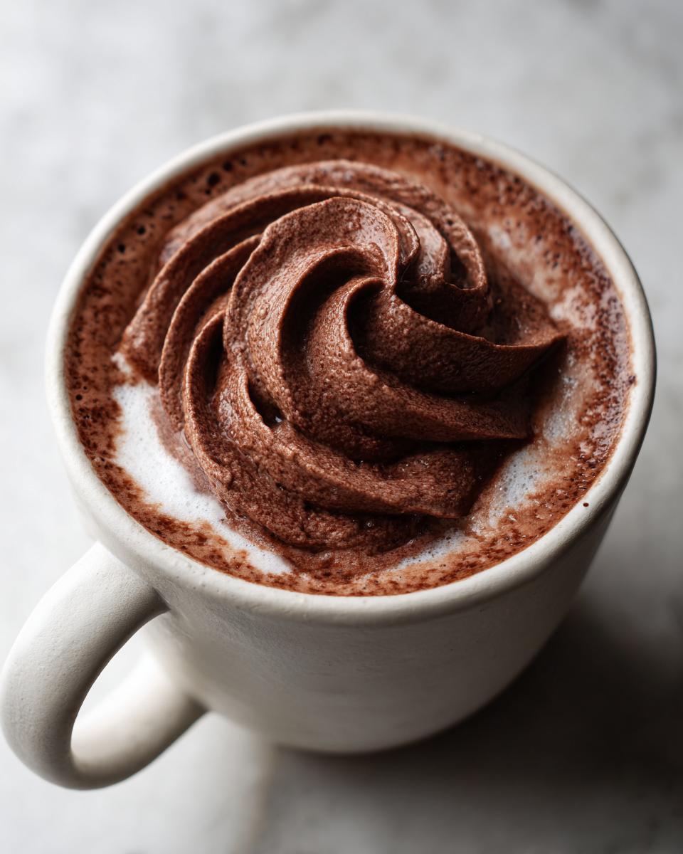 Overhead view of a mug filled with hot chocolate topped with a perfect swirl of chocolate whipped hot chocolate.