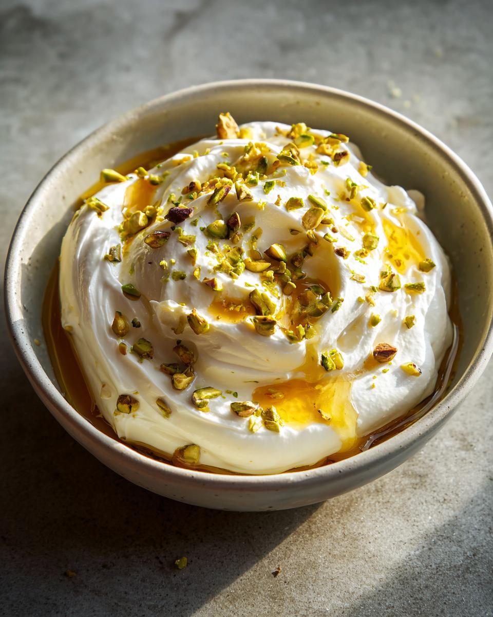 Close-up of a creamy, whipped ricotta dip drizzled with honey and topped with chopped green pistachios.