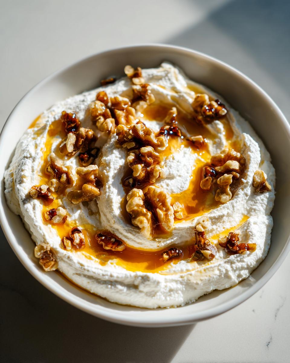 Close-up of a bowl of fluffy whipped ricotta dip drizzled with honey and topped with candied walnuts.