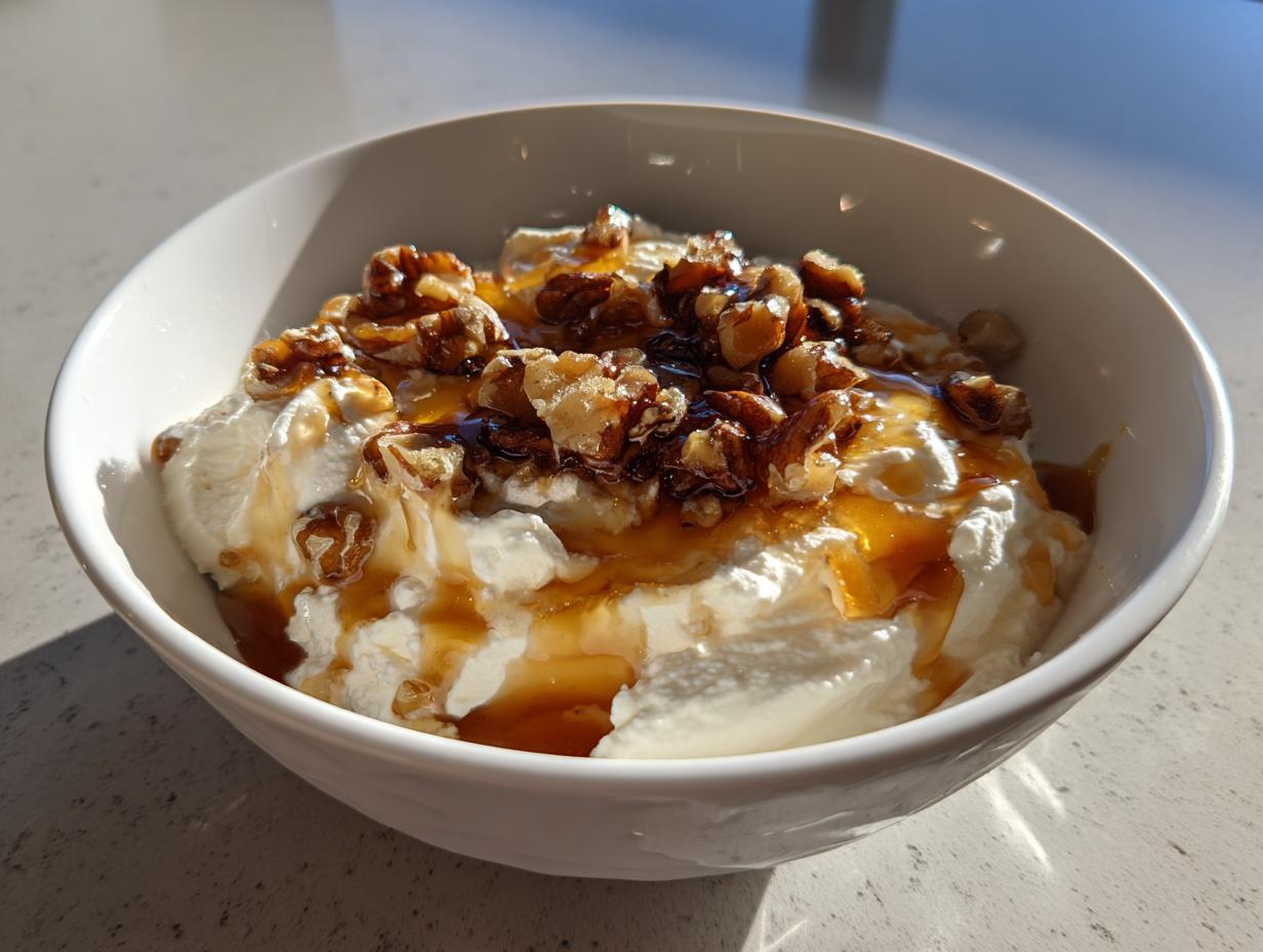A white bowl filled with creamy whipped ricotta dip topped with candied walnuts and drizzled with honey.