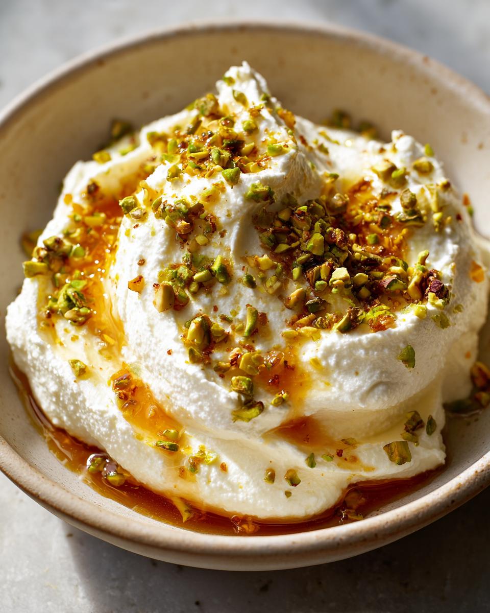 Close-up of a creamy, whipped ricotta dip drizzled with honey and topped with chopped pistachios.