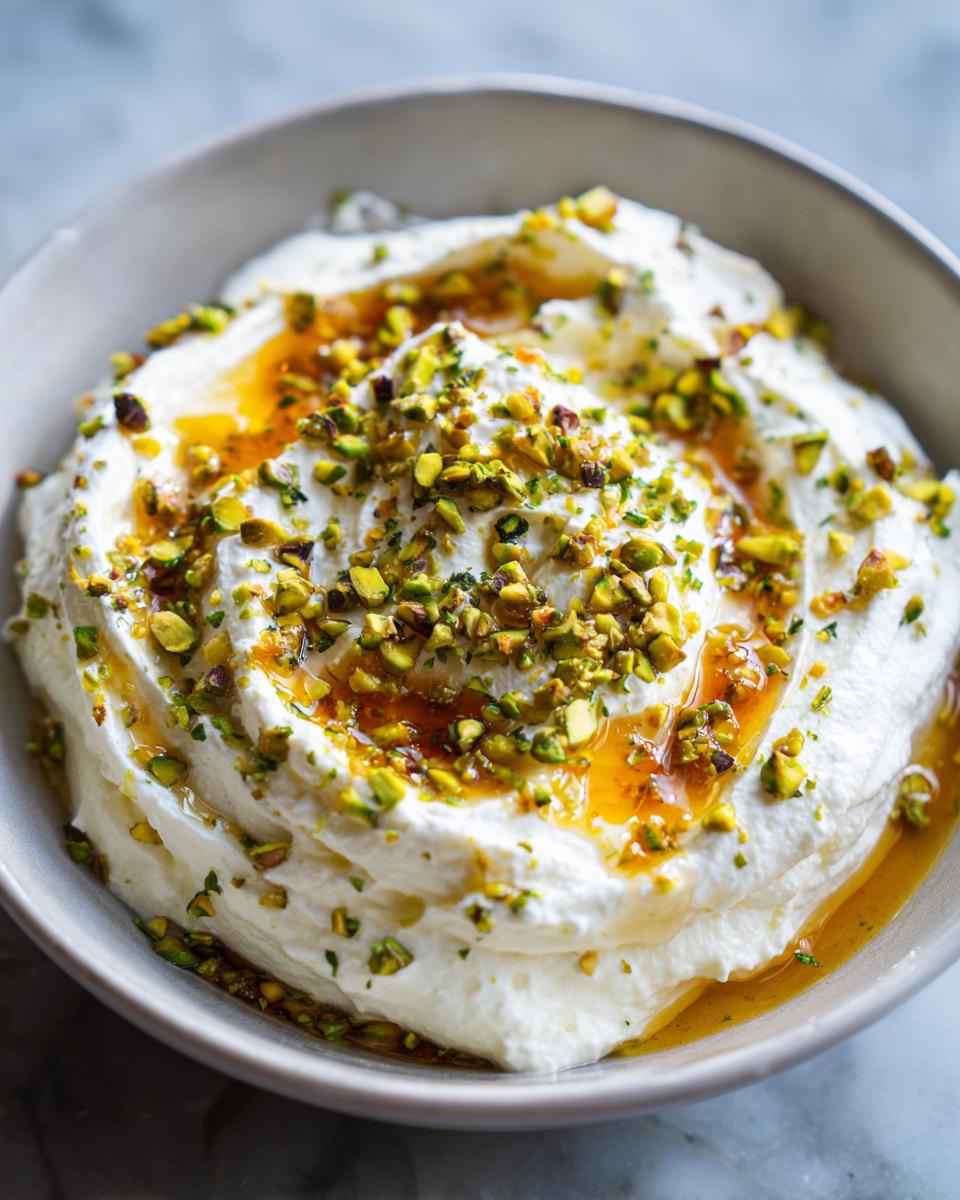 Close-up of a creamy ricotta dip swirled in a bowl, drizzled with golden honey and topped with chopped green pistachios.