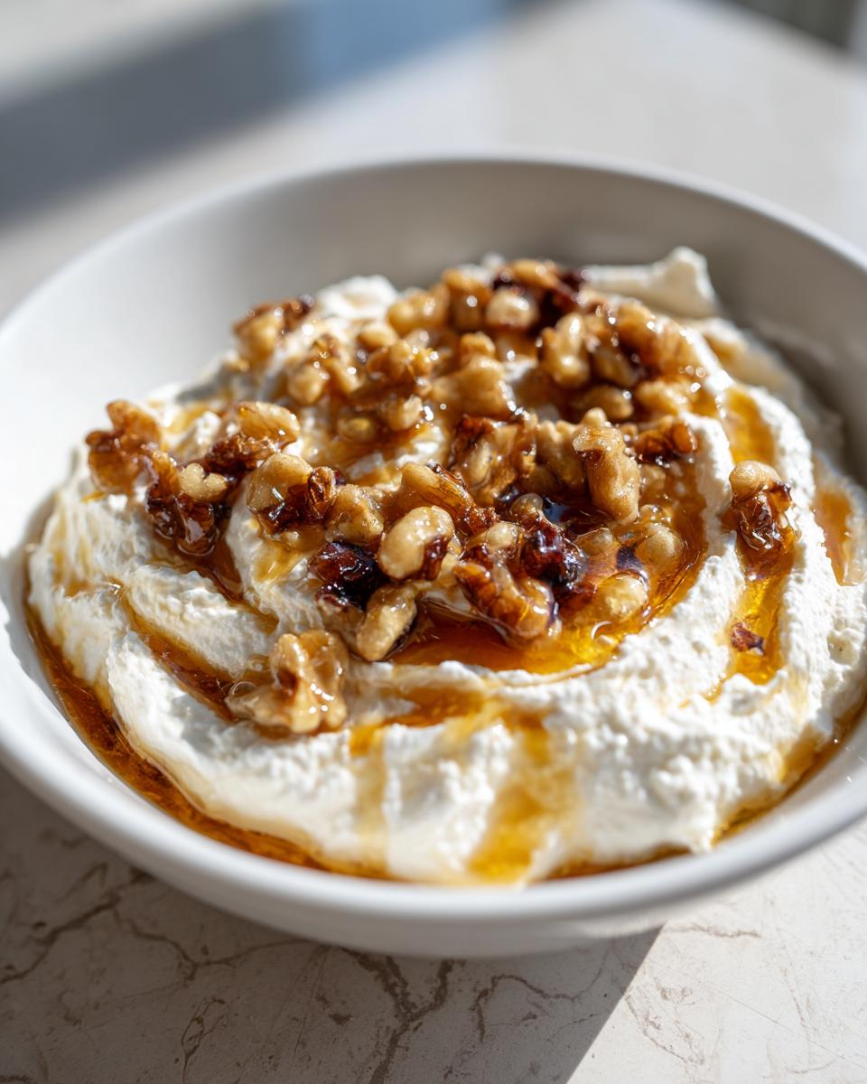 Close-up of a bowl of creamy whipped ricotta dip topped with glazed walnuts and drizzled honey.