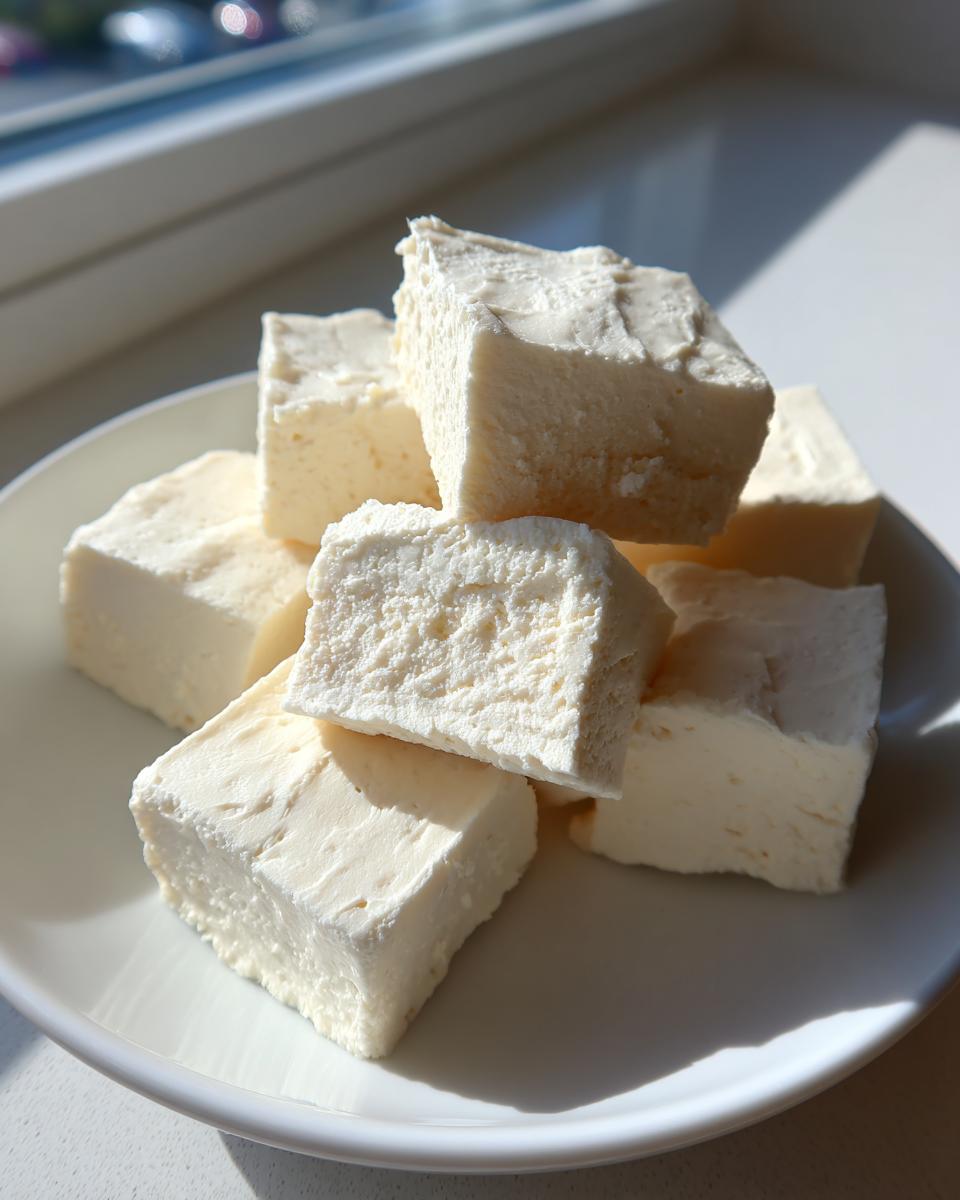 A stack of soft, creamy cubes of white chocolate fudge resting on a white plate near a window.