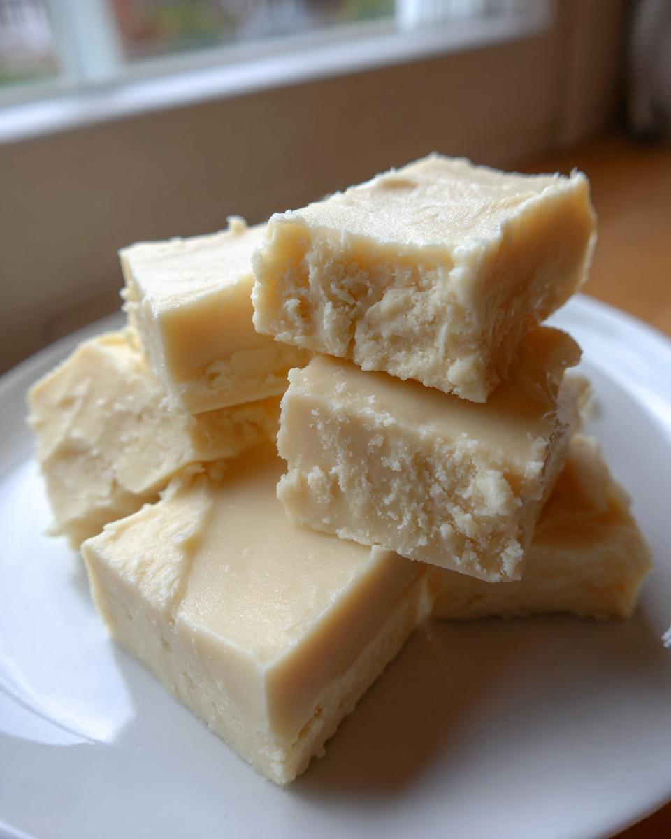 A close-up stack of creamy, pale white chocolate fudge squares resting on a white plate near a window.