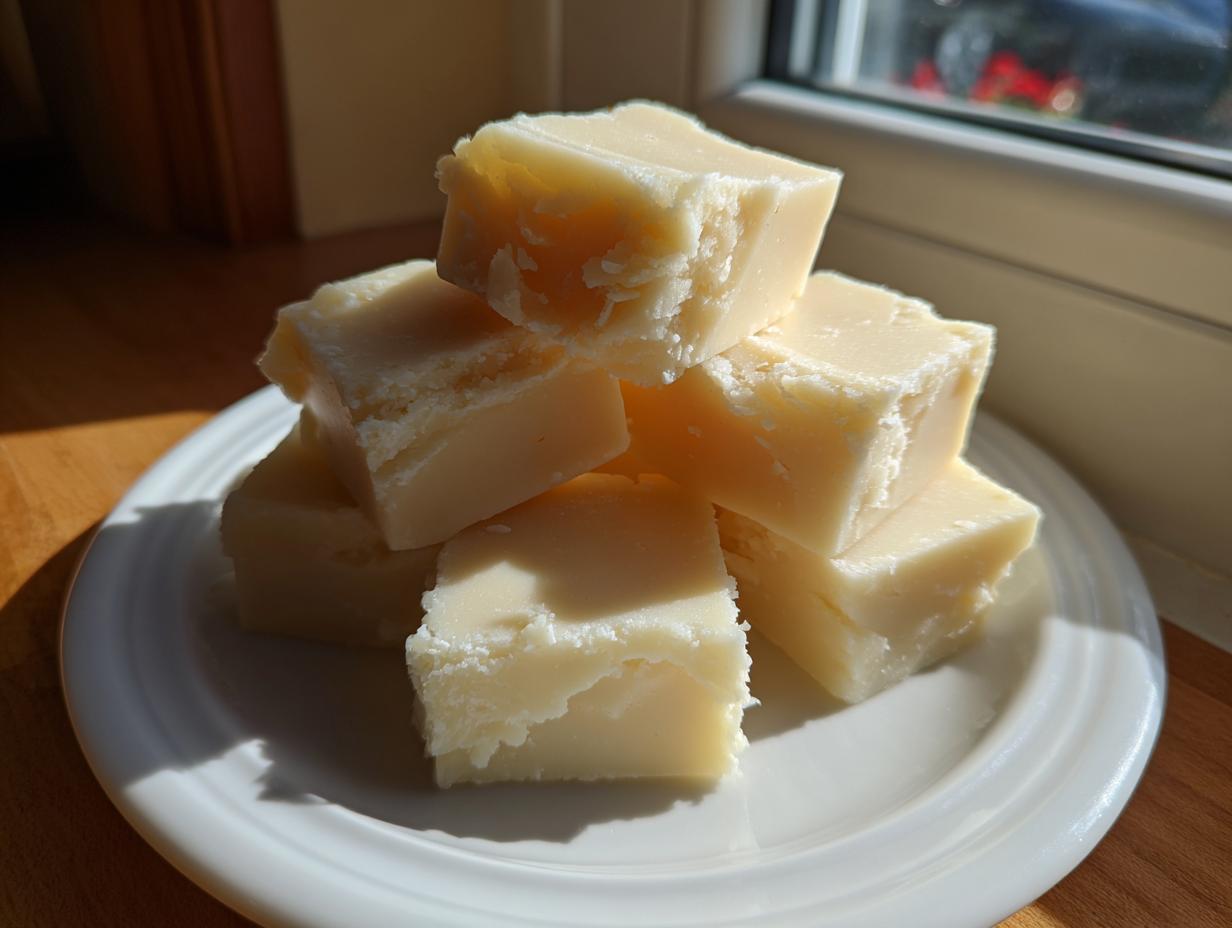 A small stack of creamy, pale white chocolate fudge squares sitting on a white plate near a window.