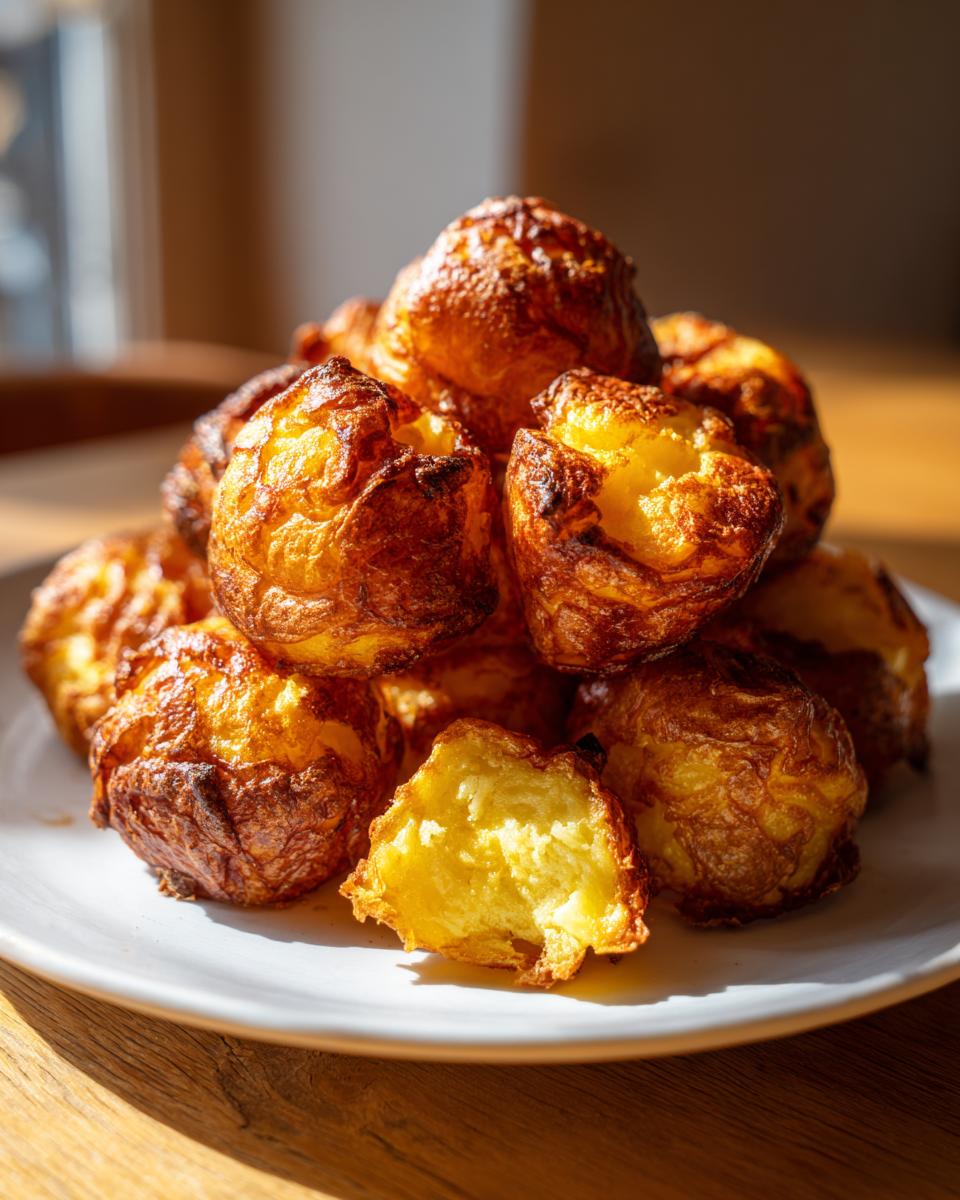 A pile of golden brown, fluffy Yorkshire puddings, often served alongside roast potatoes, on a white plate.