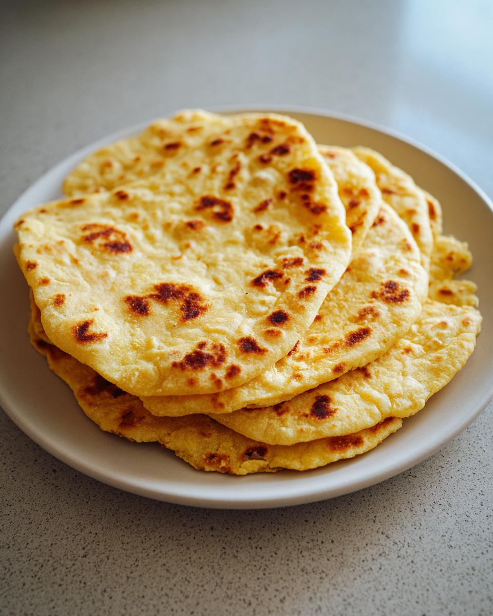 A stack of freshly cooked, slightly charred corn tortillas resting on a light gray plate.