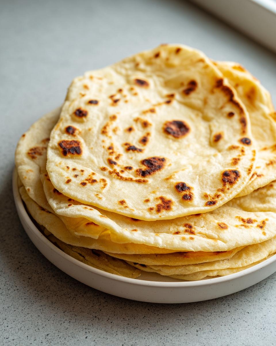 A stack of freshly cooked, slightly charred corn tortillas resting on a light-colored plate.