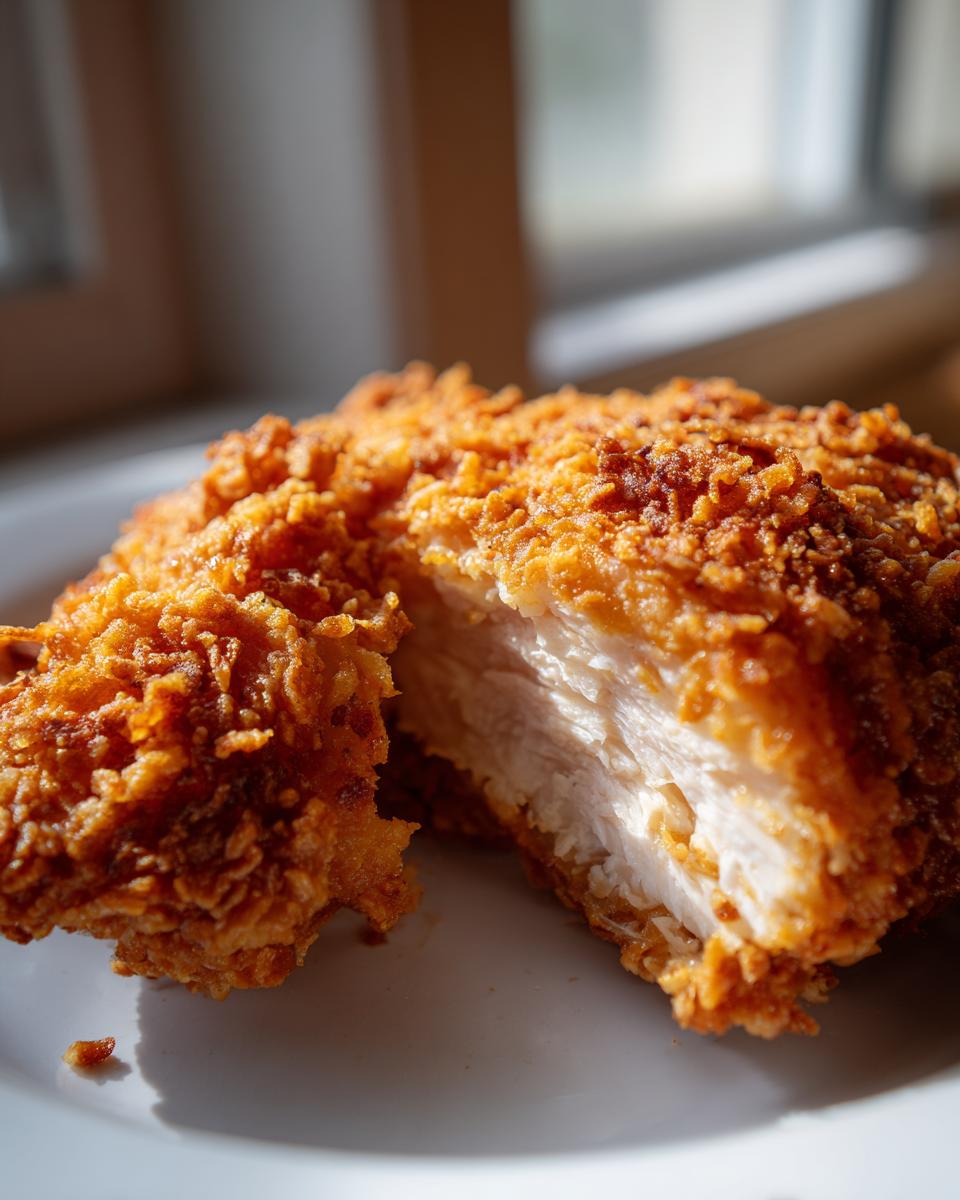 Close-up of crispy, golden-brown air fryer fried chicken cut in half showing juicy white meat inside.
