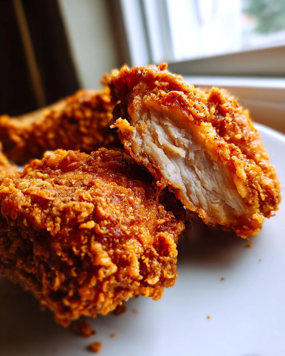 Close-up of crispy, golden-brown air fryer fried chicken cut in half showing juicy white meat inside.