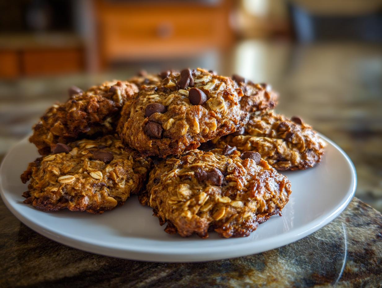 A close-up of several warm, freshly baked breakfast cookies studded with oats and chocolate chips on a white plate.