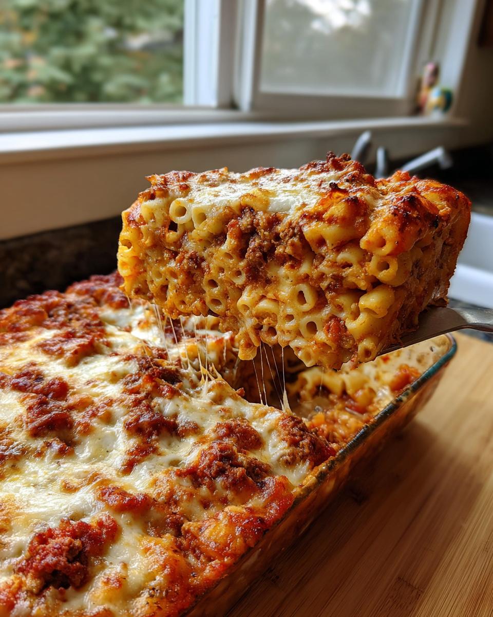 A spatula lifts a cheesy, saucy slice of baked ziti from a glass baking dish, showing long cheese pulls.
