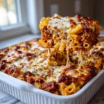 A serving of baked ziti is lifted from the dish, showing long, dramatic cheese pulls from the melted mozzarella topping.