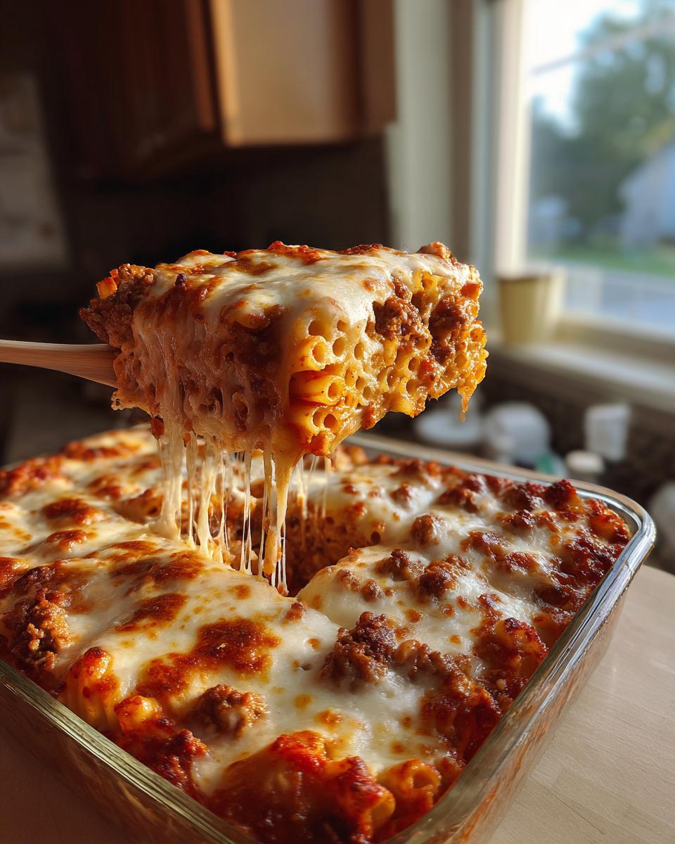 A generous portion of baked ziti with melted, stretchy cheese being lifted from a glass baking dish.
