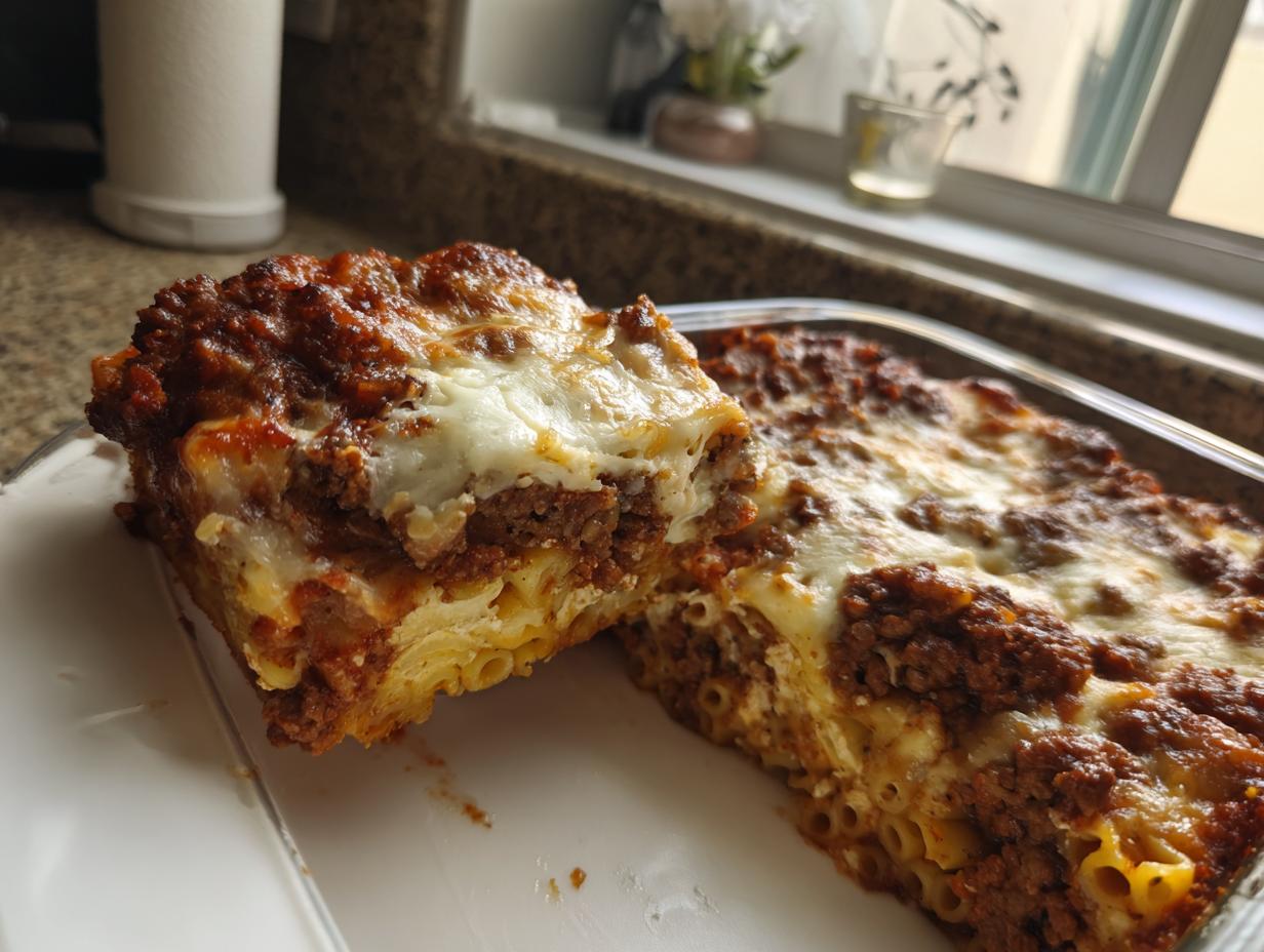 A close-up of a thick slice of baked ziti with meat sauce and melted cheese being served.