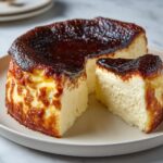 A whole Basque cheesecake with a deeply caramelized top, showing a creamy interior after one slice has been cut.