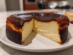 A whole Basque cheesecake with a slice removed, showing the creamy interior and signature dark, caramelized top.