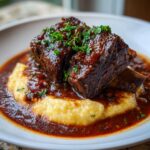 Close-up of two tender braised short ribs covered in rich sauce, served over yellow polenta and garnished with parsley.