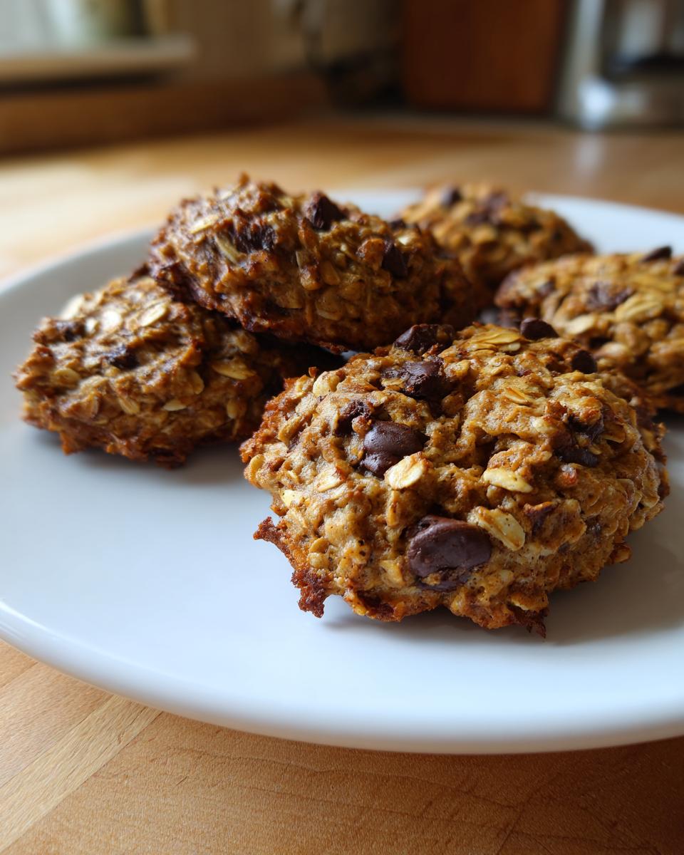 Close-up of several golden brown breakfast cookies packed with oats and chocolate chips resting on a white plate.