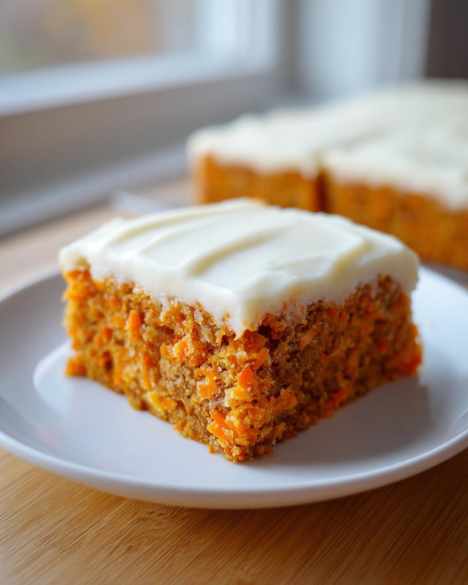 A thick slice of amazing carrot cake bars topped with creamy white frosting, served on a white plate.