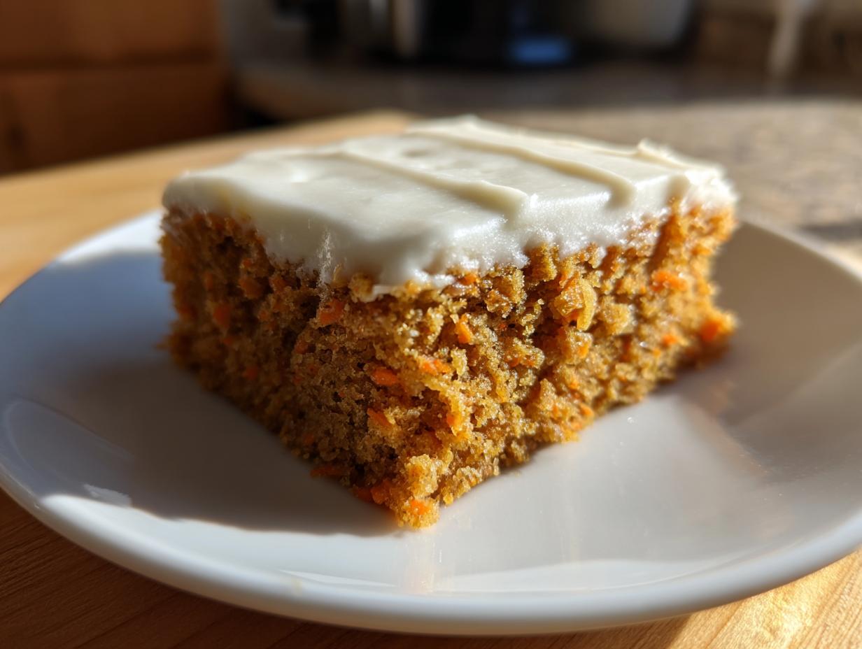 A close-up of a moist square slice of carrot cake bars topped with thick cream cheese frosting on a white plate.