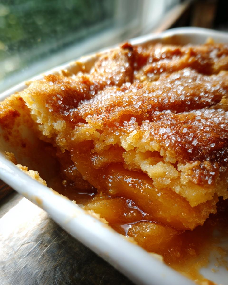 Close-up of a warm, bubbling fruit cobbler with a golden, sugary crust in a white baking dish.