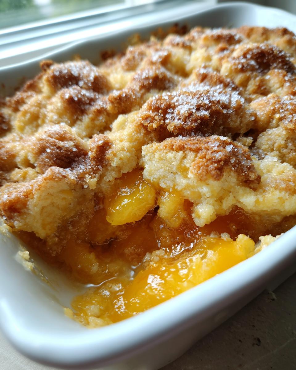 Close-up of a warm, baked cobbler with a crumbly, sugared topping revealing bright orange, syrupy fruit filling underneath.
