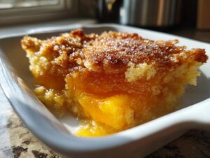 A close-up shot of a square serving of warm peach cobbler with a sugary, golden-brown topping.