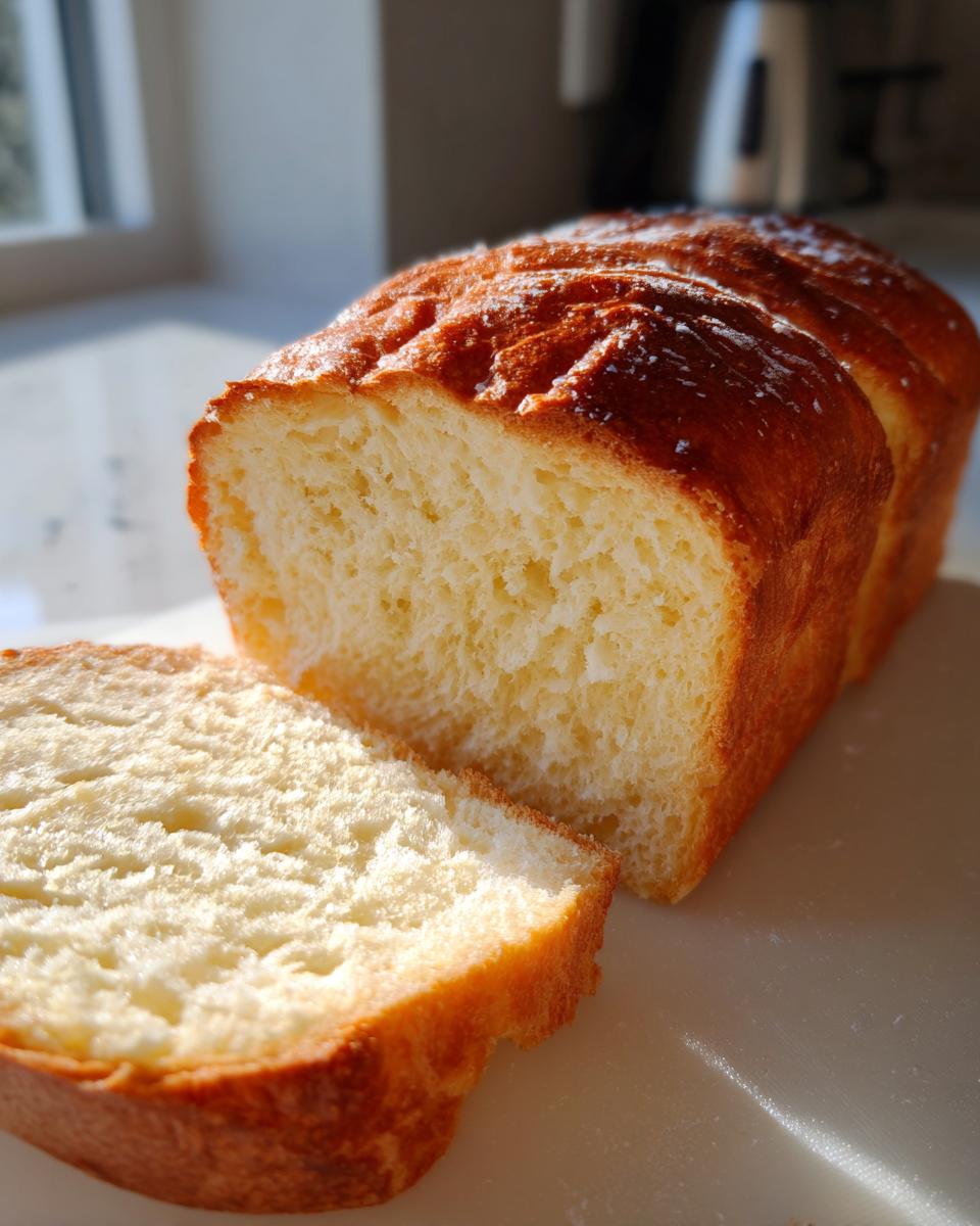 A close-up of a loaf of amazing condensed milk bread, showing its soft, fluffy interior and golden crust.
