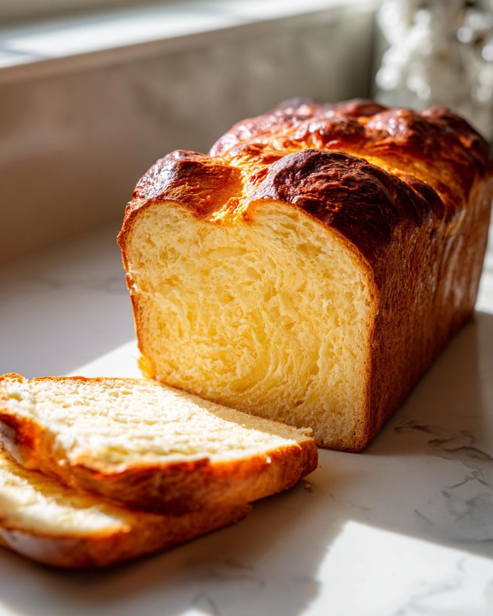A golden-brown loaf of soft condensed milk bread, partially sliced on a marble surface.