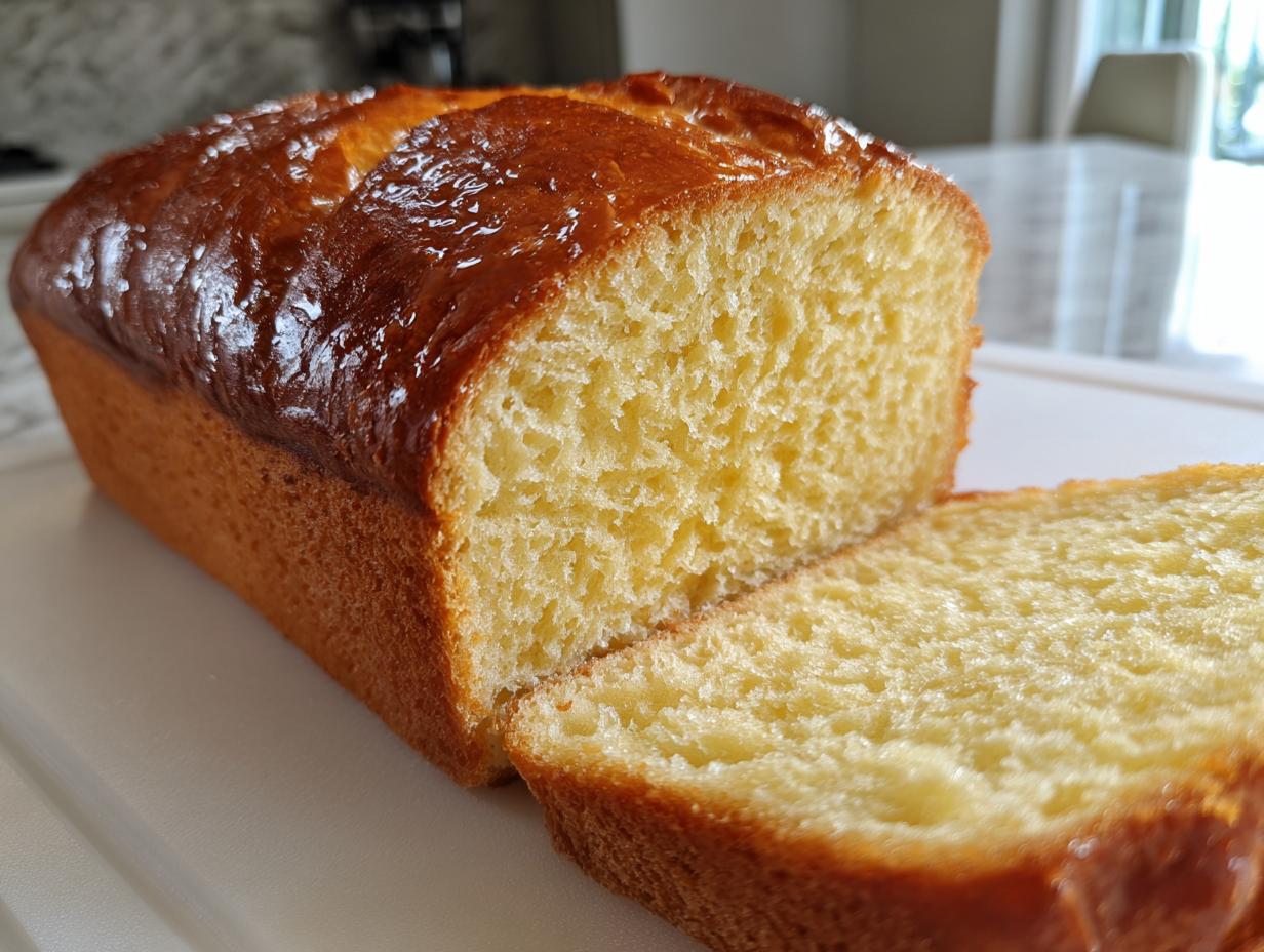 A golden-brown loaf of fluffy condensed milk bread, partially sliced to show the soft, yellow interior.