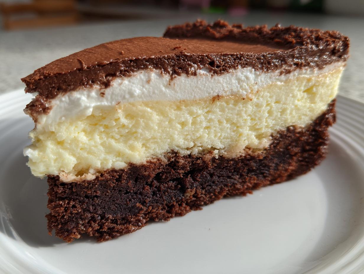 A close-up slice of amazing italian love cake showing a dark chocolate base, creamy yellow layer, white topping, and chocolate dusting.