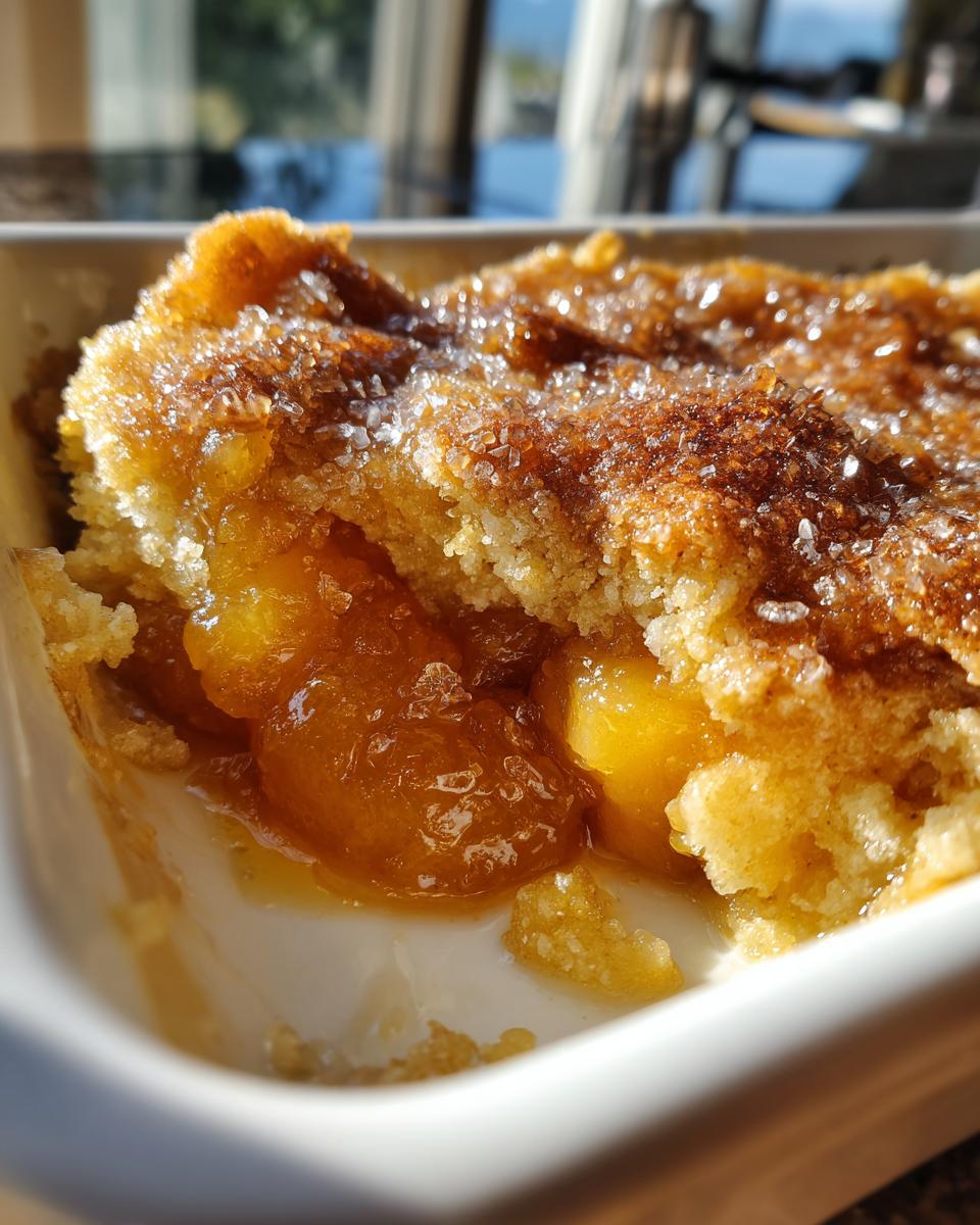 A close-up view of a warm peach cobbler in a white dish, showing syrupy fruit and a sugary, baked topping.