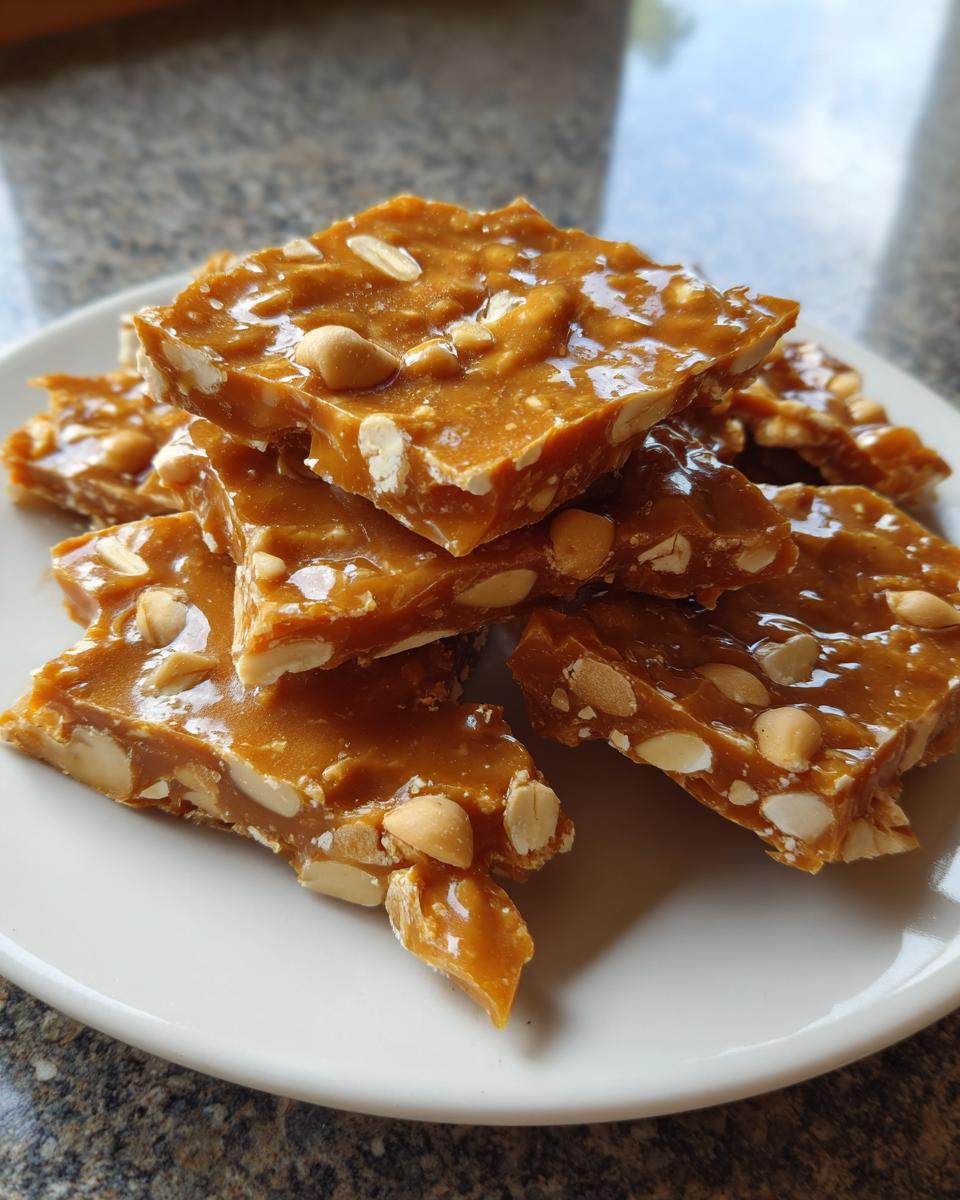 A stack of freshly broken pieces of homemade peanut brittle recipe, showing peanuts embedded in golden caramel.