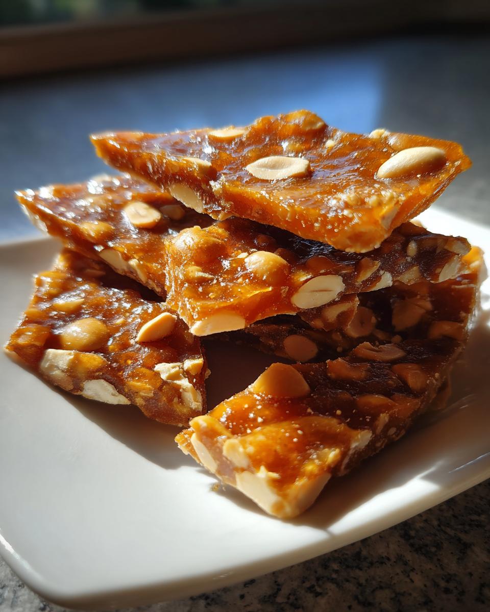 A stack of freshly broken pieces of glossy, amber peanut brittle recipe resting on a white plate.